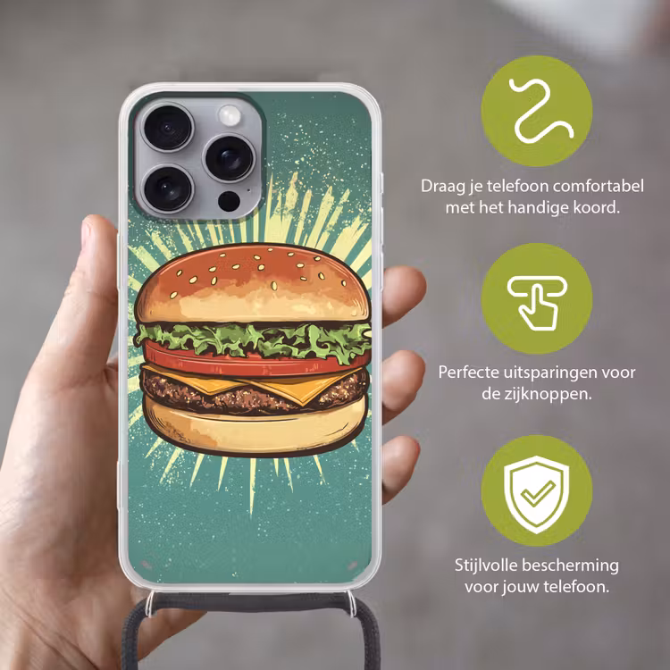 Hamburger - Illustratie - Sla - Kaas Hoesje iPhone 16 Pro Max met koord klein -sfeer2_NL