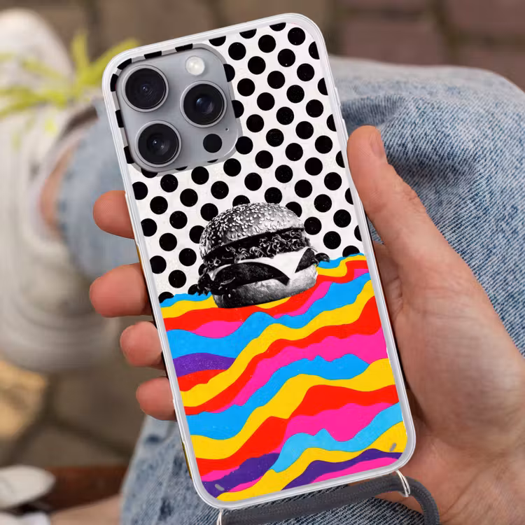 Hamburger - Stippen - Golven - Kleuren Hoesje iPhone 16 Pro Max met koord klein -sfeer3