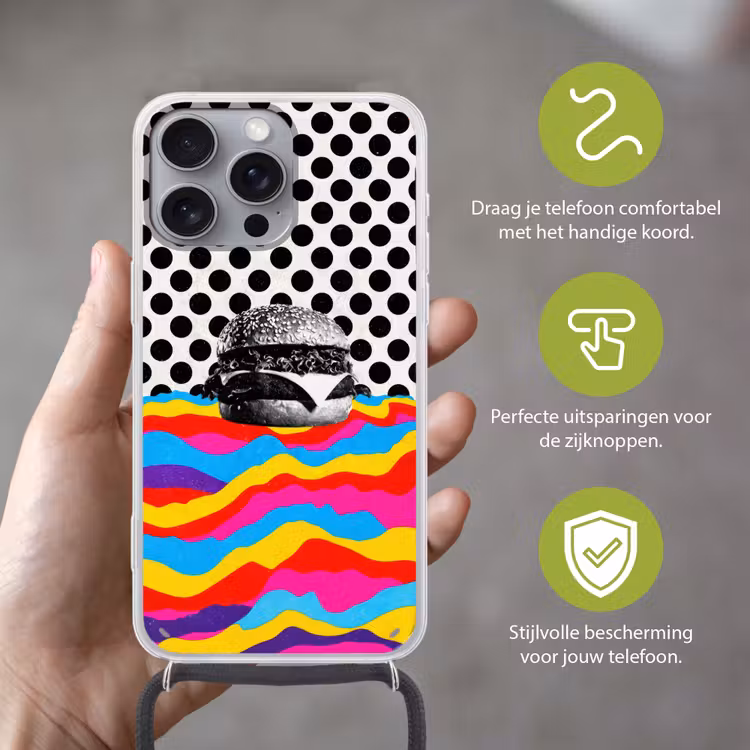 Hamburger - Stippen - Golven - Kleuren Hoesje iPhone 16 Pro Max met koord klein -sfeer2_NL