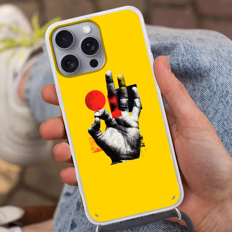 Hand - Rode cirkel - Geel Hoesje iPhone 16 Pro Max met koord klein -sfeer3