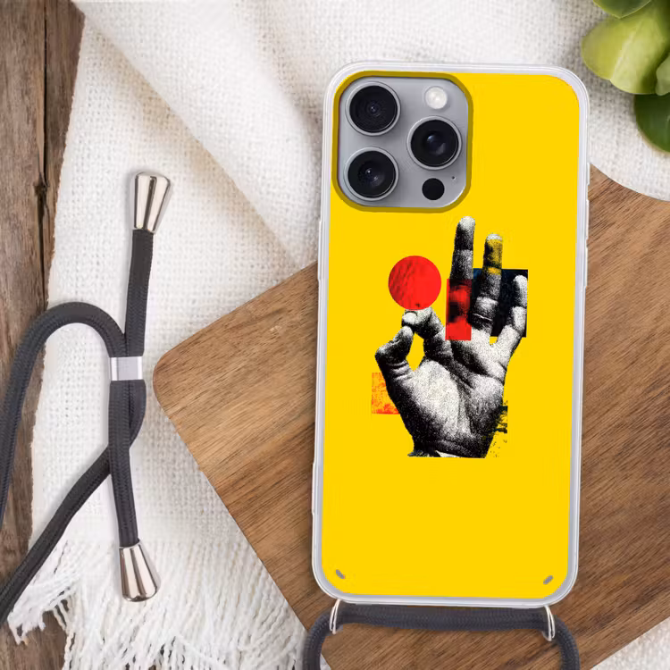 Hand - Rode cirkel - Geel Hoesje iPhone 16 Pro Max met koord klein -sfeer4
