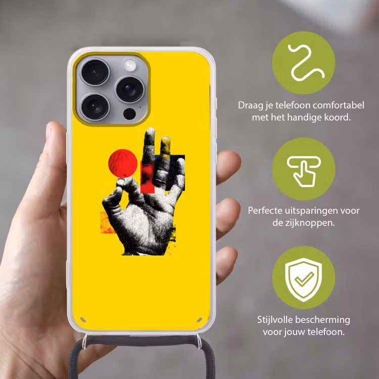 Hand - Rode cirkel - Geel Hoesje iPhone 16 Pro Max met koord klein -sfeer2_NL