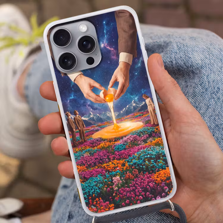Telefoonhoesje met koord - Handen - Ei - Surrealisme - Handen - Ei - Surrealisme Hoesje iPhone 16 Pro Max met koord klein
