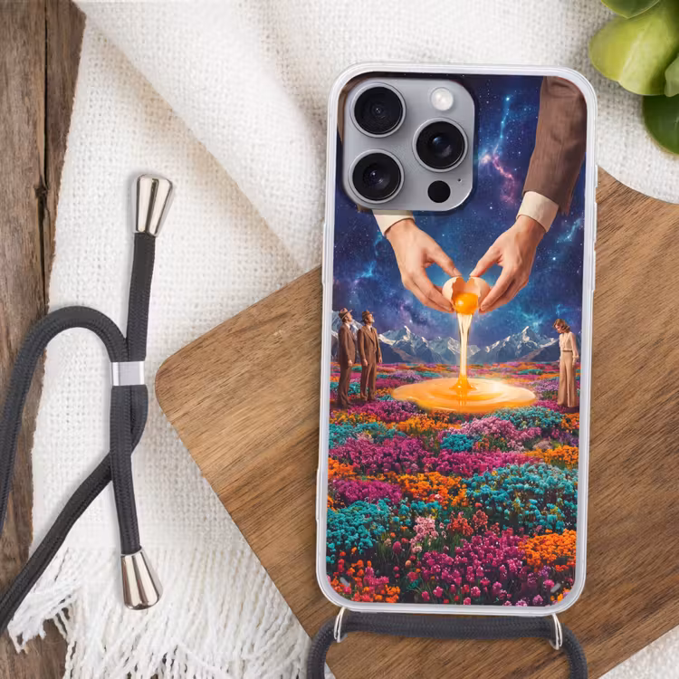 Telefoonhoesje met koord - Handen - Ei - Surrealisme - Handen - Ei - Surrealisme Hoesje iPhone 16 Pro Max met koord klein