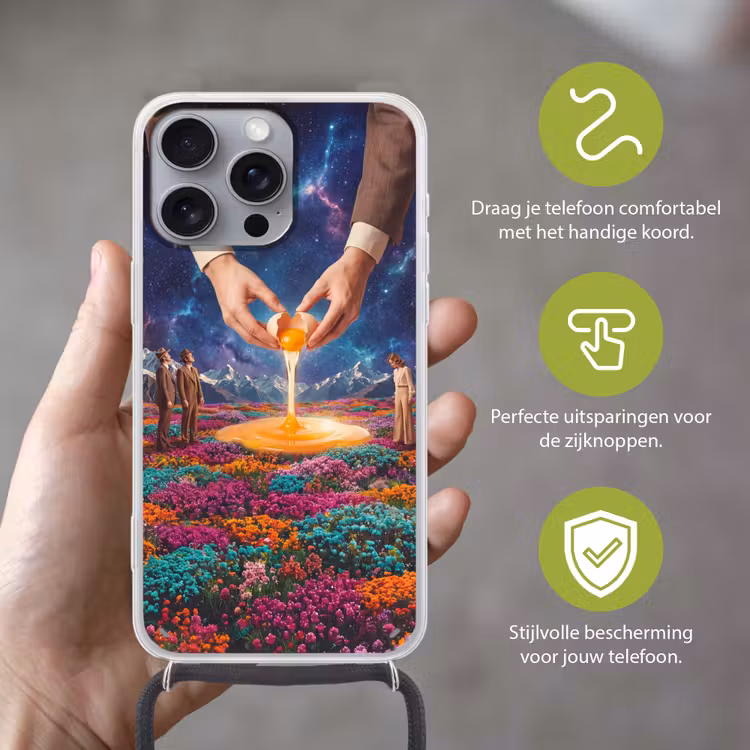 Telefoonhoesje met koord - Handen - Ei - Surrealisme - Handen - Ei - Surrealisme Hoesje iPhone 16 Pro Max met koord klein