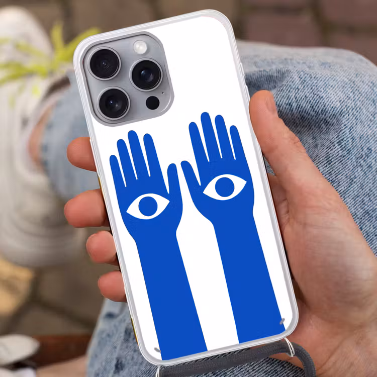 Handen - Twee - Ogen - Blauw Hoesje iPhone 16 Pro Max met koord klein -sfeer3