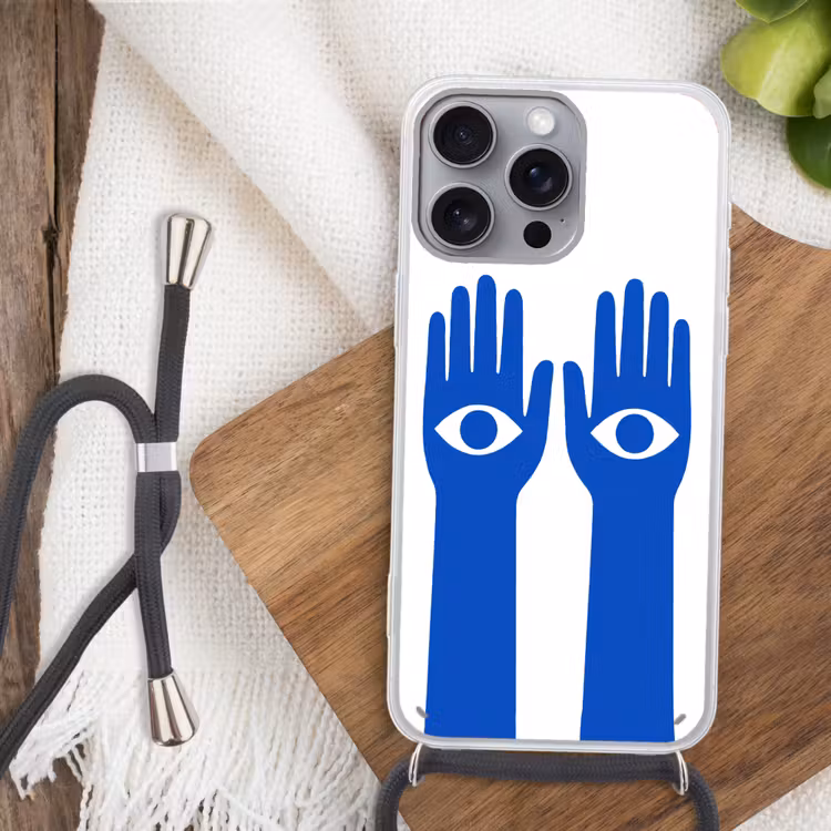 Handen - Twee - Ogen - Blauw Hoesje iPhone 16 Pro Max met koord klein -sfeer4