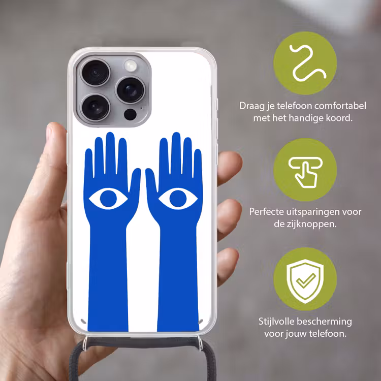 Handen - Twee - Ogen - Blauw Hoesje iPhone 16 Pro Max met koord klein -sfeer2_NL