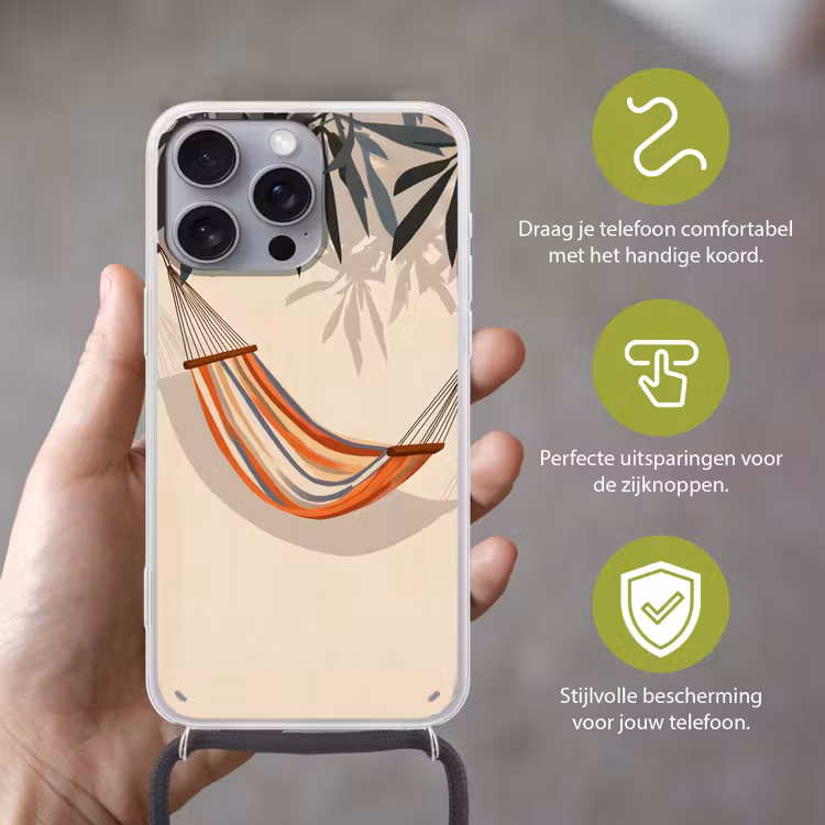Hangmat - Kleurrijk - Bladeren - Schaduw Hoesje iPhone 16 Pro Max met koord klein -sfeer2_NL