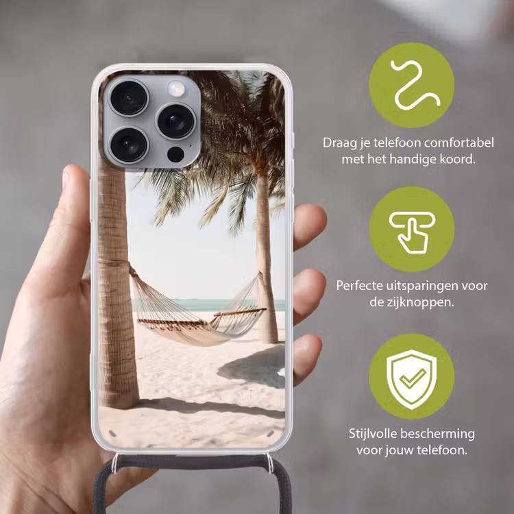 Hangmat - Palmbomen - Strand - Zee Hoesje iPhone 16 Pro Max met koord klein -sfeer2_NL
