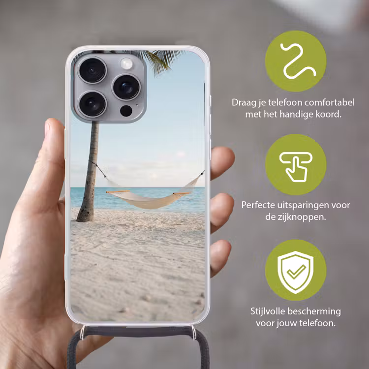 Hangmat - Strand - Wit Hoesje iPhone 16 Pro Max met koord klein -sfeer2_NL