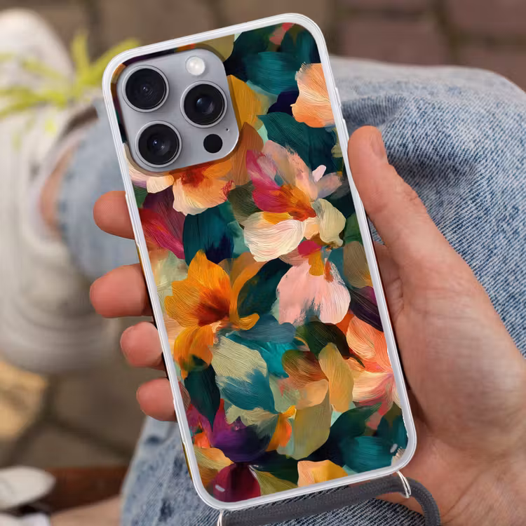 Harmonieus - Abstracte bloemen - Warme tinten Hoesje iPhone 16 Pro Max met koord klein -sfeer3