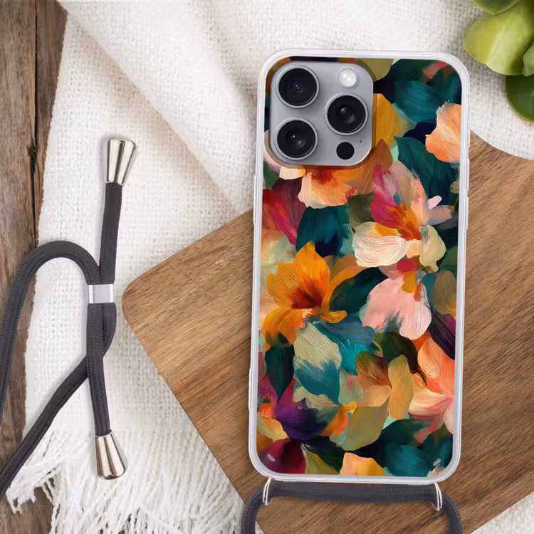 Harmonieus - Abstracte bloemen - Warme tinten Hoesje iPhone 16 Pro Max met koord klein -sfeer4