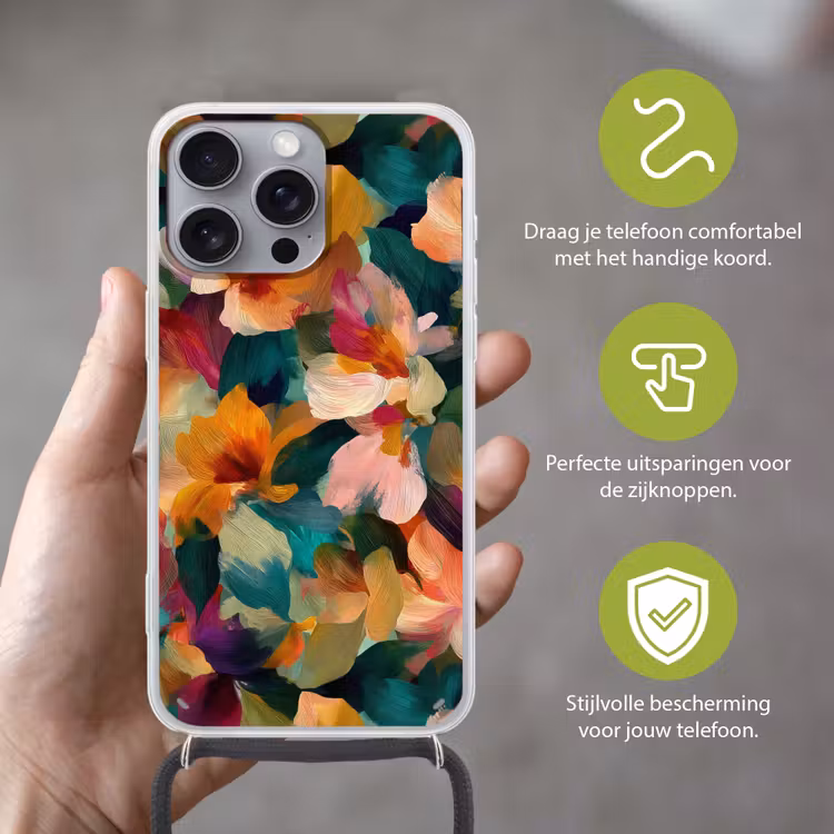 Harmonieus - Abstracte bloemen - Warme tinten Hoesje iPhone 16 Pro Max met koord klein -sfeer2_NL