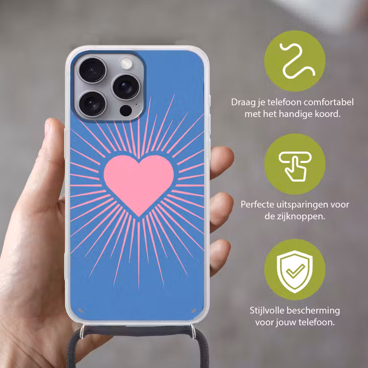 Hart - Stralen - Liefde - Modern - Roze Hoesje iPhone 16 Pro Max met koord klein -sfeer2_NL