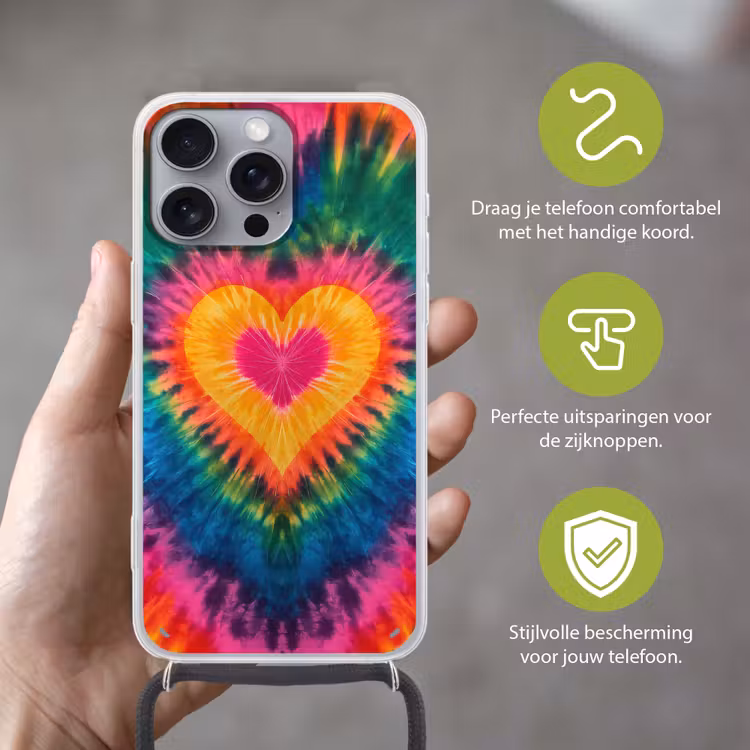 Hart - Tie Dye - Kleurrijk Hoesje iPhone 16 Pro Max met koord klein -sfeer2_NL
