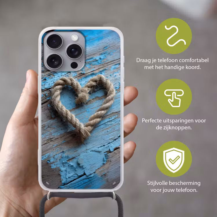 Hart - Touw - Hout - Rustiek Hoesje iPhone 16 Pro Max met koord klein -sfeer2_NL