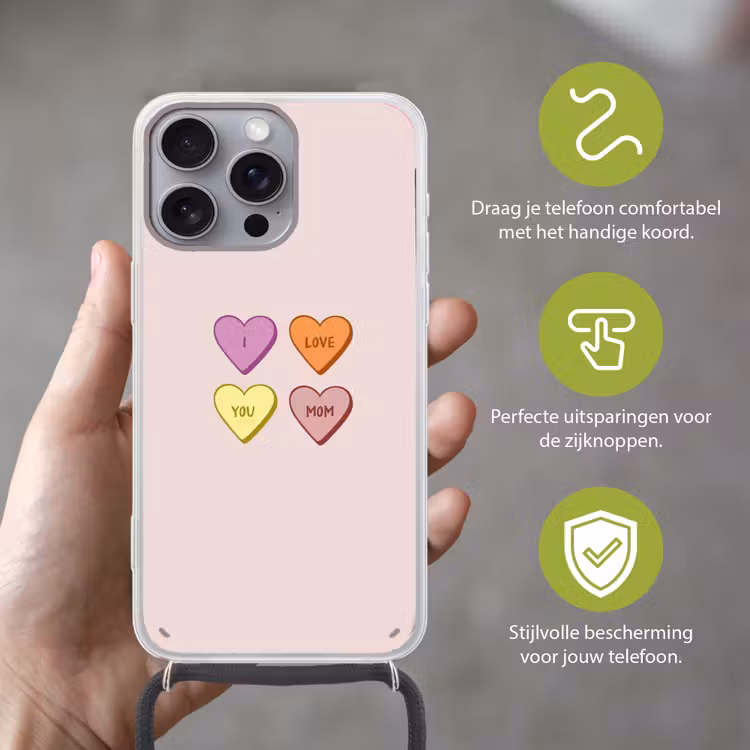 Hartjes - Pastel - Liefde - Moeder Hoesje iPhone 16 Pro Max met koord klein -sfeer2_NL