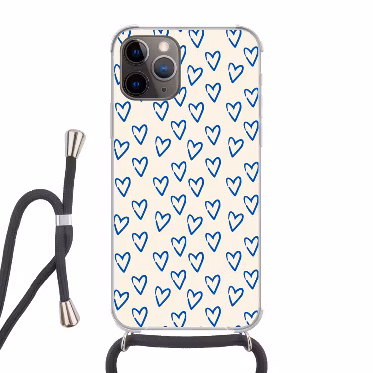 Hartjes patroon - Blauw - Beige - Liefde Hoesje iPhone 12 Pro met koord klein -3d