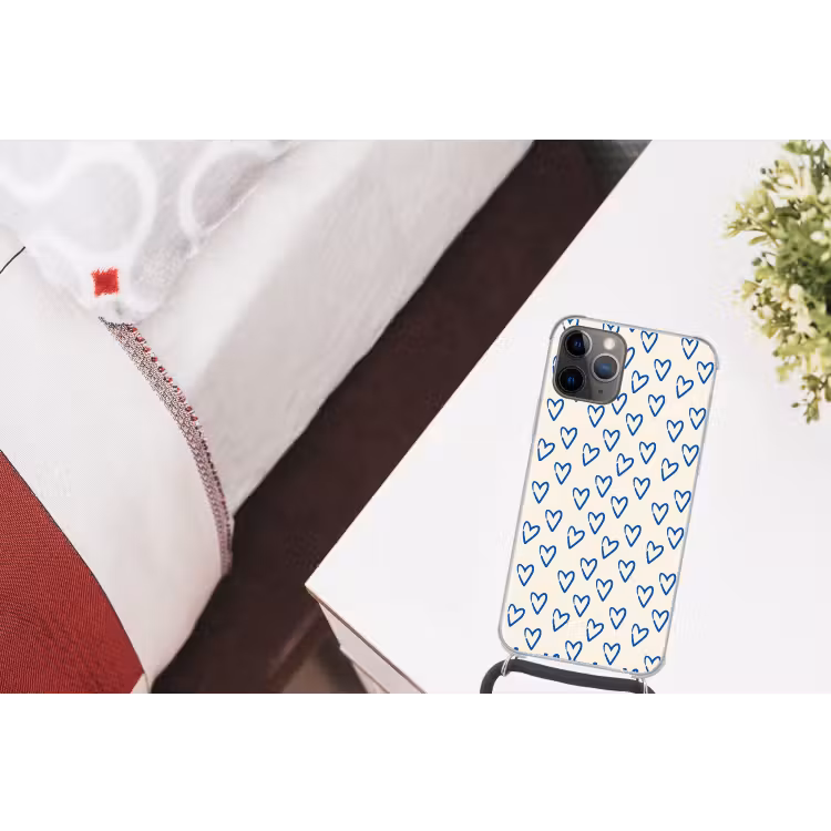 Hartjes patroon - Blauw - Beige - Liefde Hoesje iPhone 12 Pro met koord klein -kamer