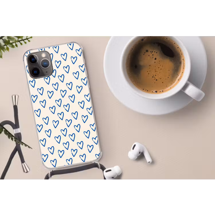 Hartjes patroon - Blauw - Beige - Liefde Hoesje iPhone 12 Pro met koord klein -oordop