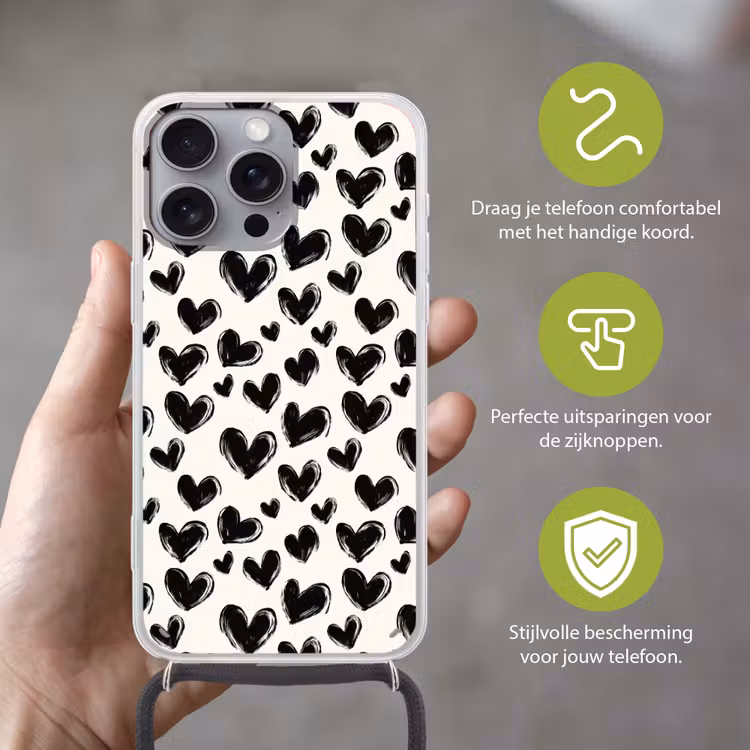Hartjes - Patroon - Zwart Hoesje iPhone 16 Pro Max met koord klein 804 -sfeer2_NL