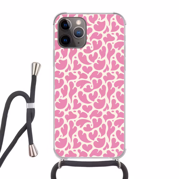 Hartjes - Print - Roze - Wit Hoesje iPhone 12 Pro met koord klein -3d