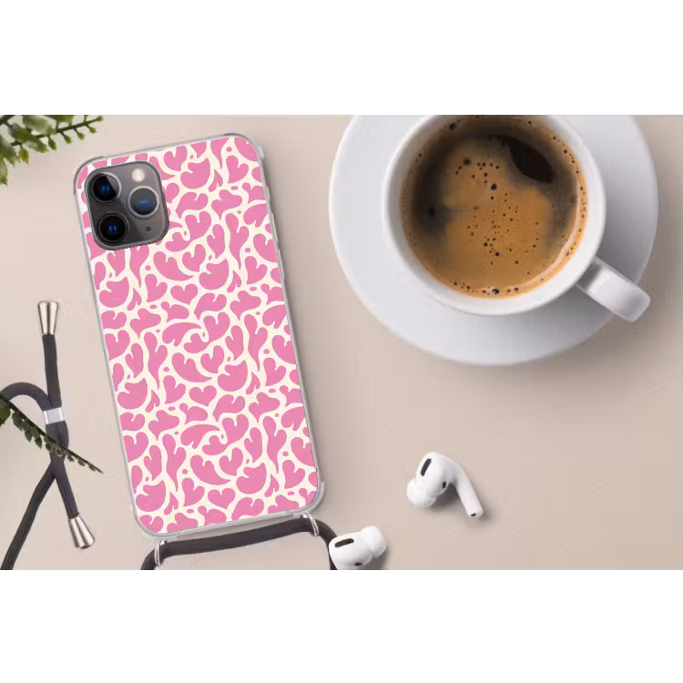 Hartjes - Print - Roze - Wit Hoesje iPhone 12 Pro met koord klein -oordop