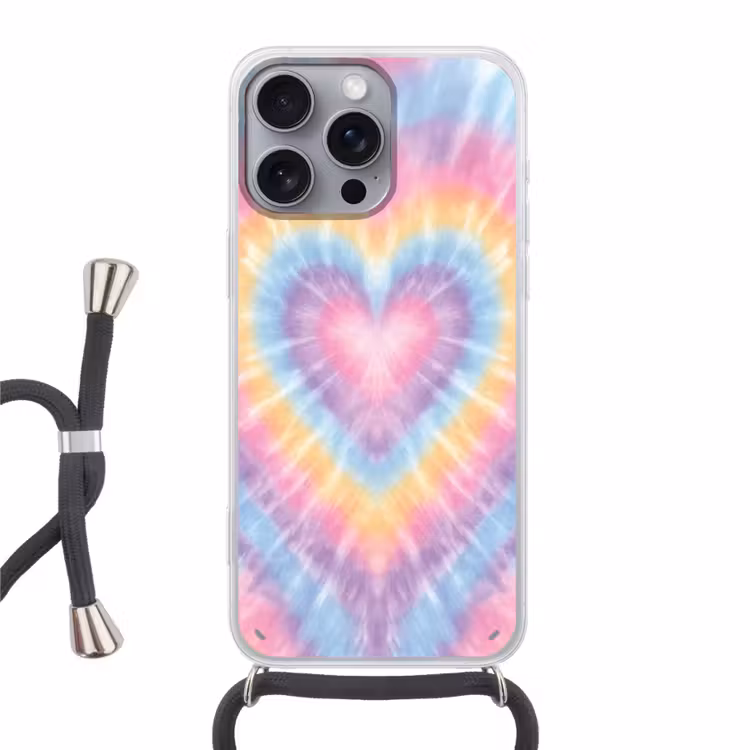 Hartvorm - Pastelkleuren - Tie Dye Hoesje iPhone 16 Pro Max met koord klein -3d