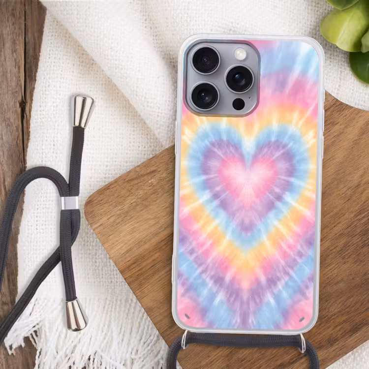 Hartvorm - Pastelkleuren - Tie Dye Hoesje iPhone 16 Pro Max met koord klein -sfeer4