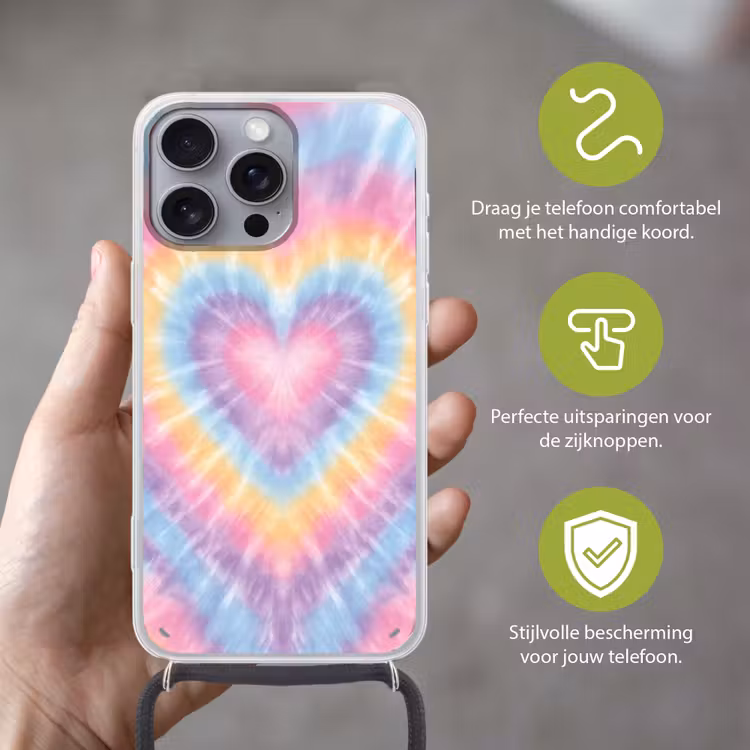Hartvorm - Pastelkleuren - Tie Dye Hoesje iPhone 16 Pro Max met koord klein -sfeer2_NL