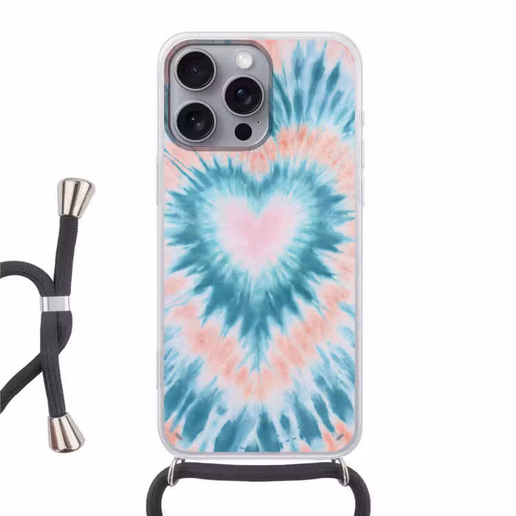 Hartvormig - Tie dye - Pasteltinten - Lichtgroen Hoesje iPhone 16 Pro Max met koord klein -3d