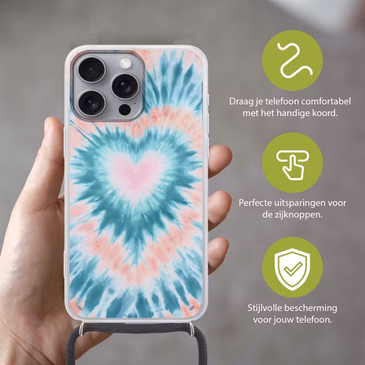Hartvormig - Tie dye - Pasteltinten - Lichtgroen Hoesje iPhone 16 Pro Max met koord klein -sfeer2_NL