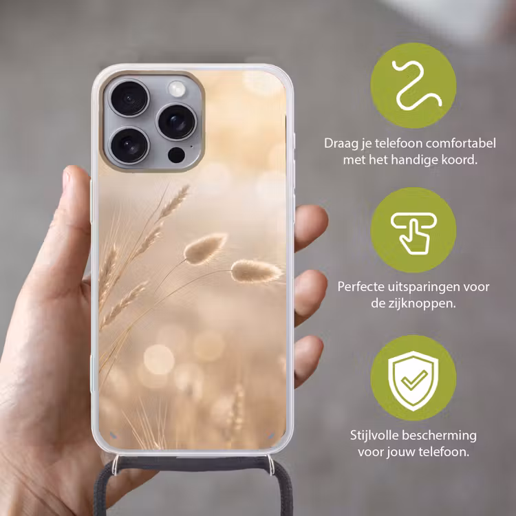 Hazestaartgras - Graanharen - Zonlicht Hoesje iPhone 16 Pro Max met koord klein -sfeer2_NL