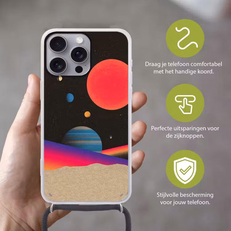 Hemel - Planeten - Felgekleurd Hoesje iPhone 16 Pro Max met koord klein -sfeer2_NL