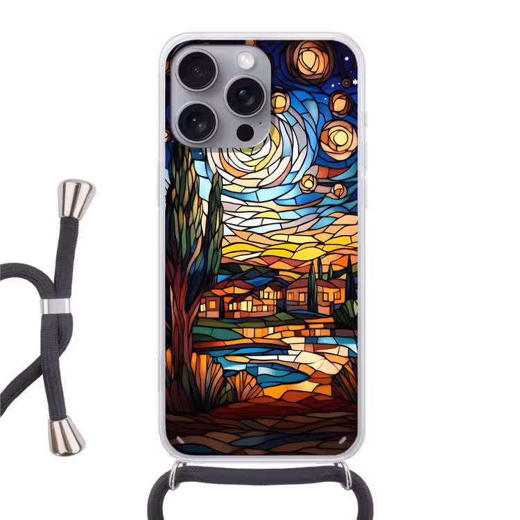 Hemel - Sterren - Mozaïek - Huizen Hoesje iPhone 16 Pro Max met koord klein -3d