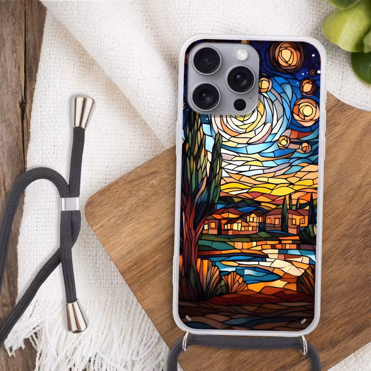 Hemel - Sterren - Mozaïek - Huizen Hoesje iPhone 16 Pro Max met koord klein -sfeer4