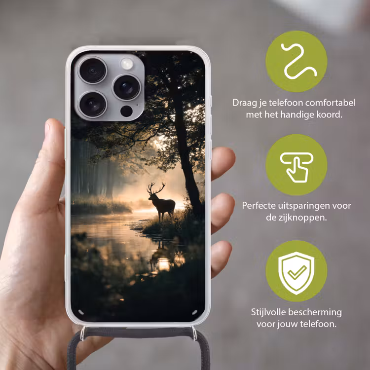 Hert - Bosbeek - Mystiek Hoesje iPhone 16 Pro Max met koord klein -sfeer2_NL