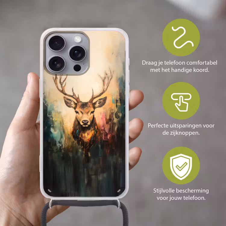 Hert - Geverfd - Gewei - Bruin Hoesje iPhone 16 Pro Max met koord klein -sfeer2_NL