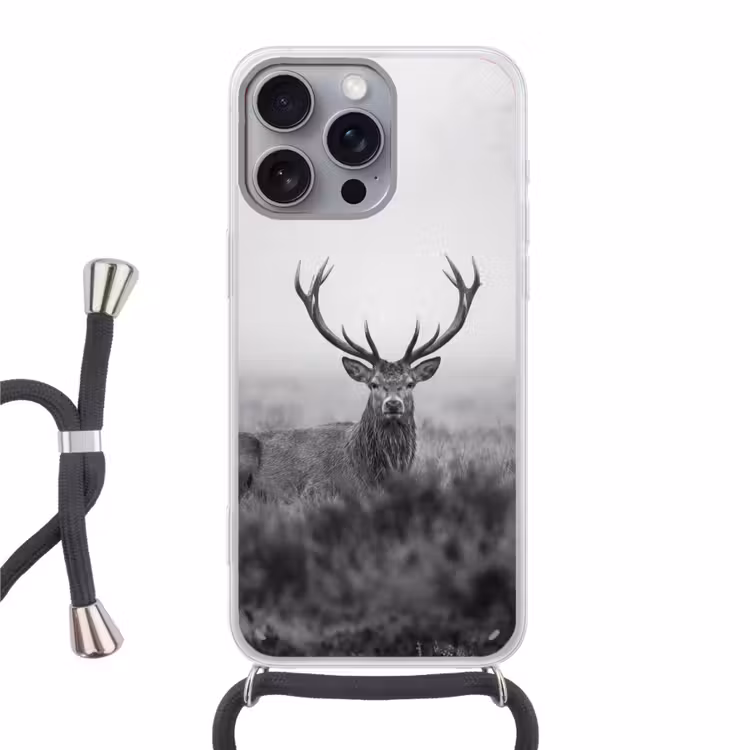 Hert - Mistig - Zwart - Wit Hoesje iPhone 16 Pro Max met koord klein -3d