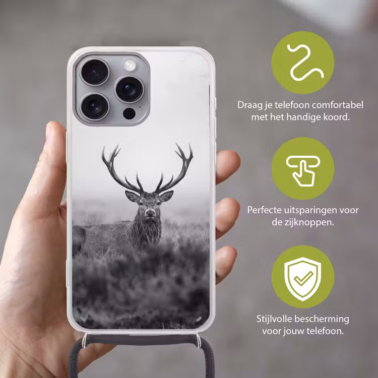 Hert - Mistig - Zwart - Wit Hoesje iPhone 16 Pro Max met koord klein -sfeer2_NL