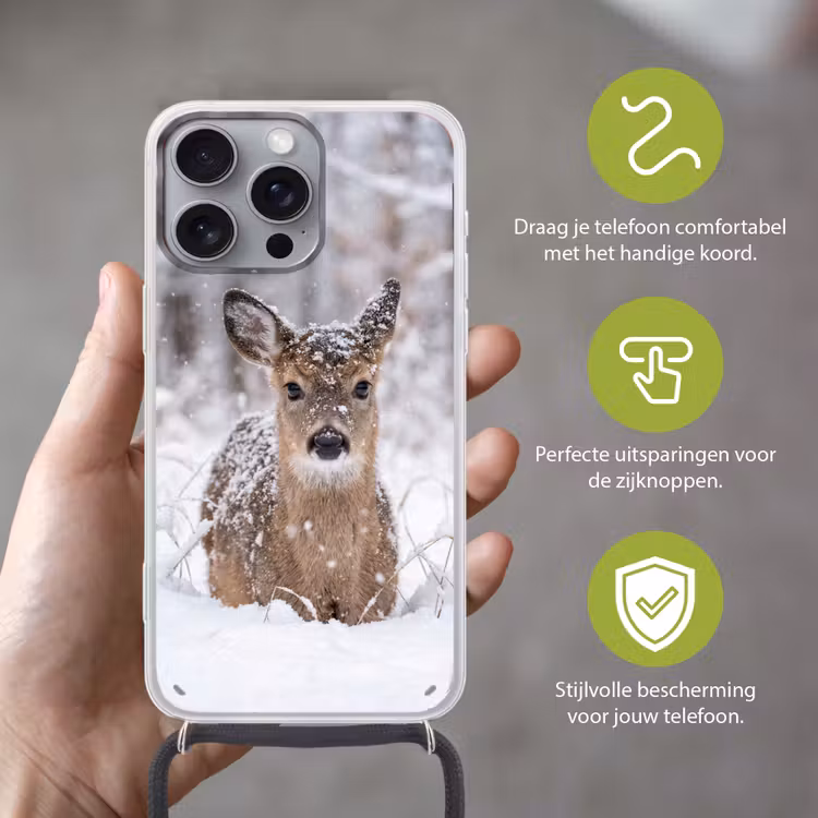 Hert - Sneeuw - Bos - Dieren - Vertederend Hoesje iPhone 16 Pro Max met koord klein -sfeer2_NL