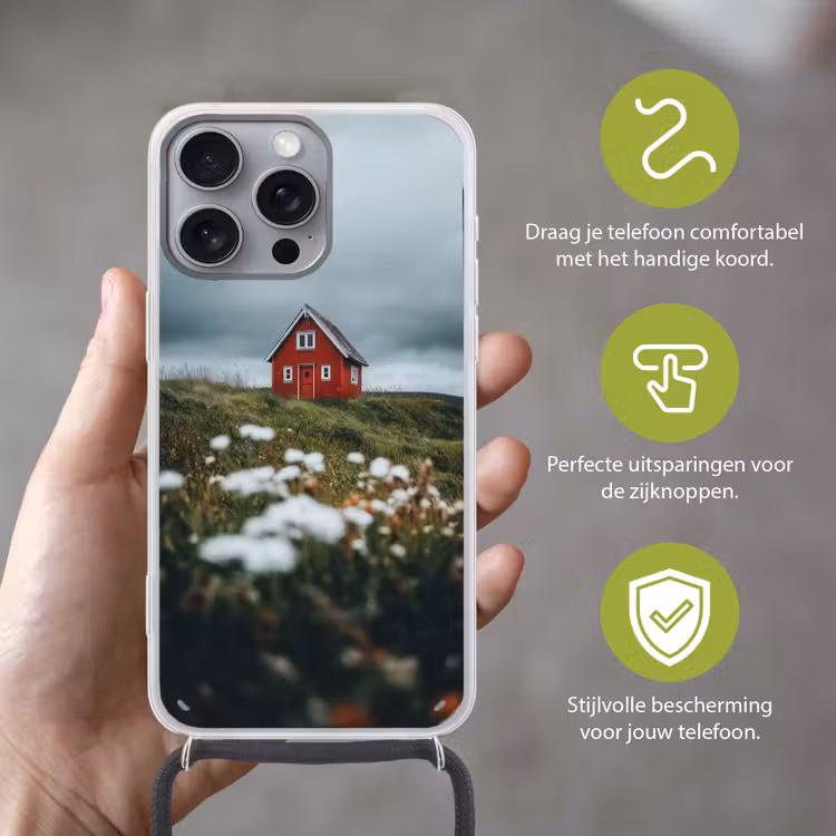Heuvel - Huisje - Bloemen - Wit Hoesje iPhone 16 Pro Max met koord klein -sfeer2_NL