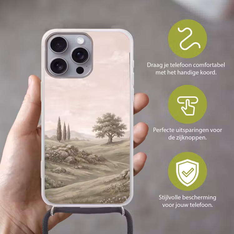 Heuvellandschap - Bomen - Natuur - Groen Hoesje iPhone 16 Pro Max met koord klein -sfeer2_NL