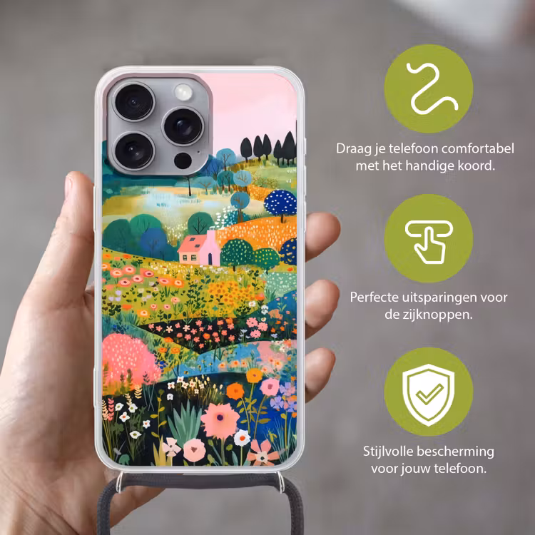 Heuvellandschap - Fantasierijk - Kleurcontrasten Hoesje iPhone 16 Pro Max met koord klein -sfeer2_NL
