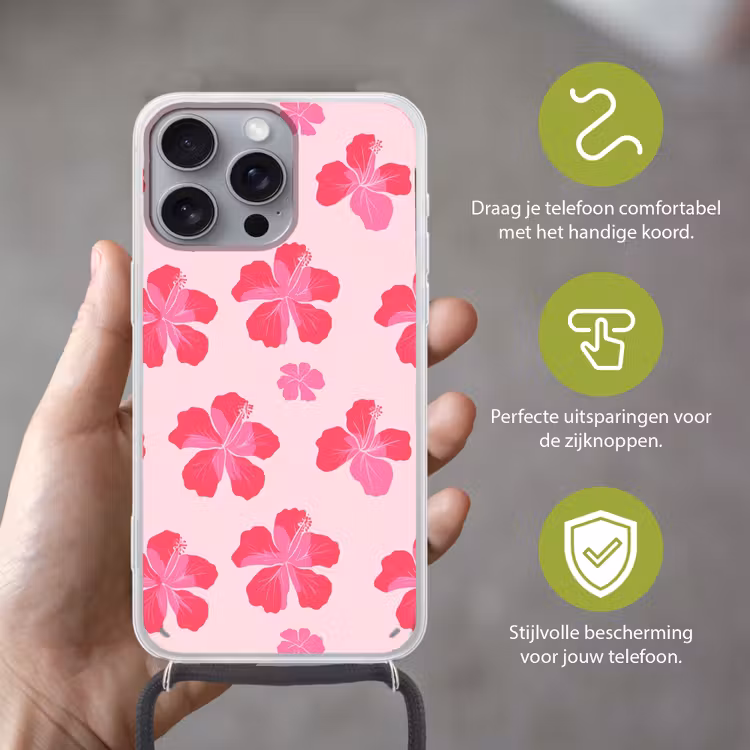 Hibiscus - Bloemen - Roze Hoesje iPhone 16 Pro Max met koord klein 804 -sfeer2_NL