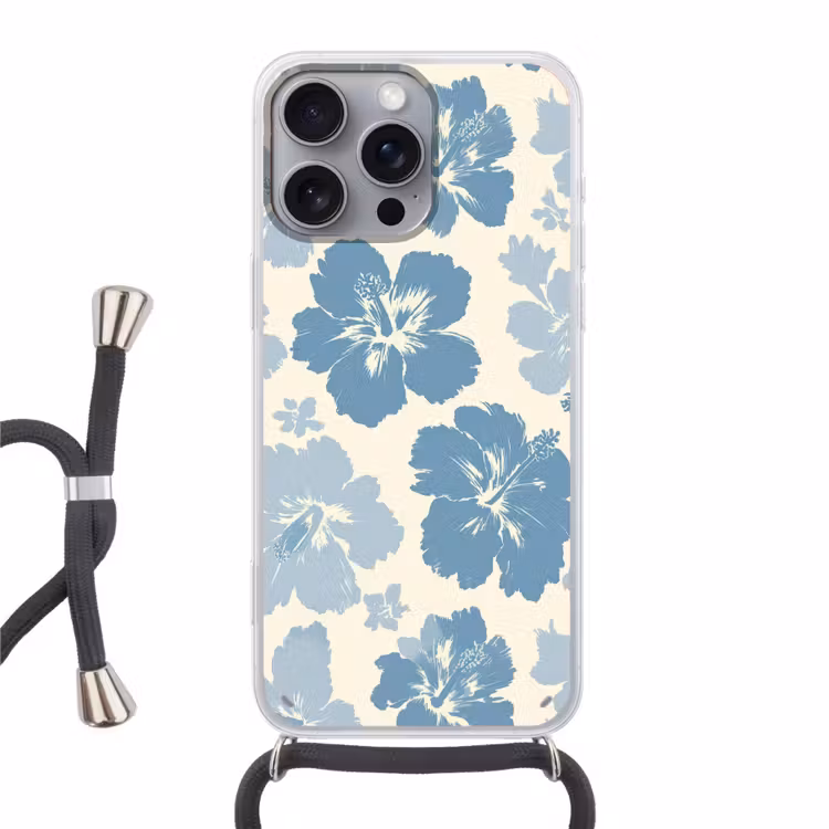 Hibiscusbloemen - Blauw - Patroon - Tropisch Hoesje iPhone 16 Pro Max met koord klein -3d