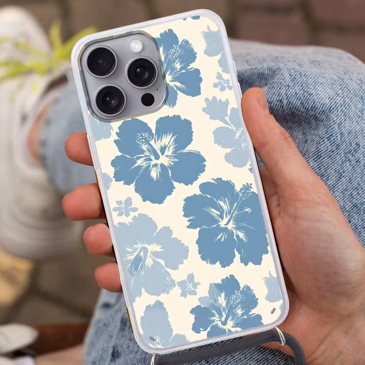 Hibiscusbloemen - Blauw - Patroon - Tropisch Hoesje iPhone 16 Pro Max met koord klein -sfeer3