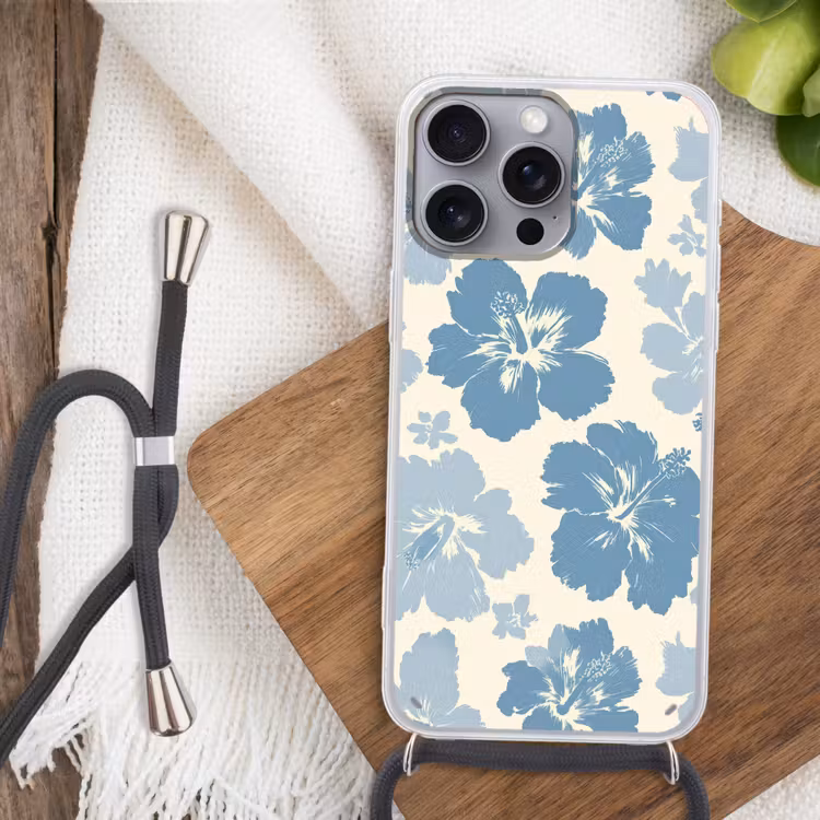 Hibiscusbloemen - Blauw - Patroon - Tropisch Hoesje iPhone 16 Pro Max met koord klein -sfeer4