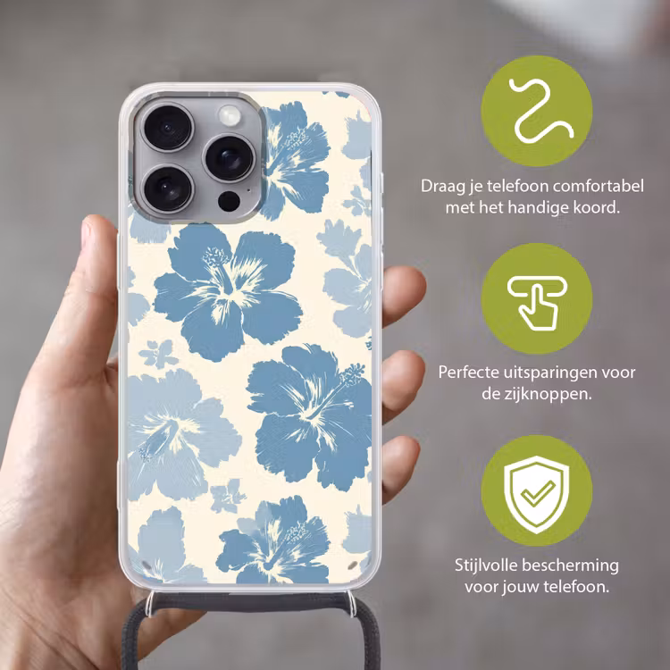 Hibiscusbloemen - Blauw - Patroon - Tropisch Hoesje iPhone 16 Pro Max met koord klein -sfeer2_NL